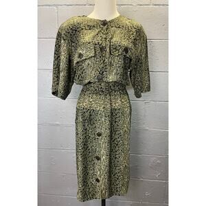 Vtg 80s Green Leopard Print Blouson Belted Shirt Dress SM New Wave Mod Mob Wife